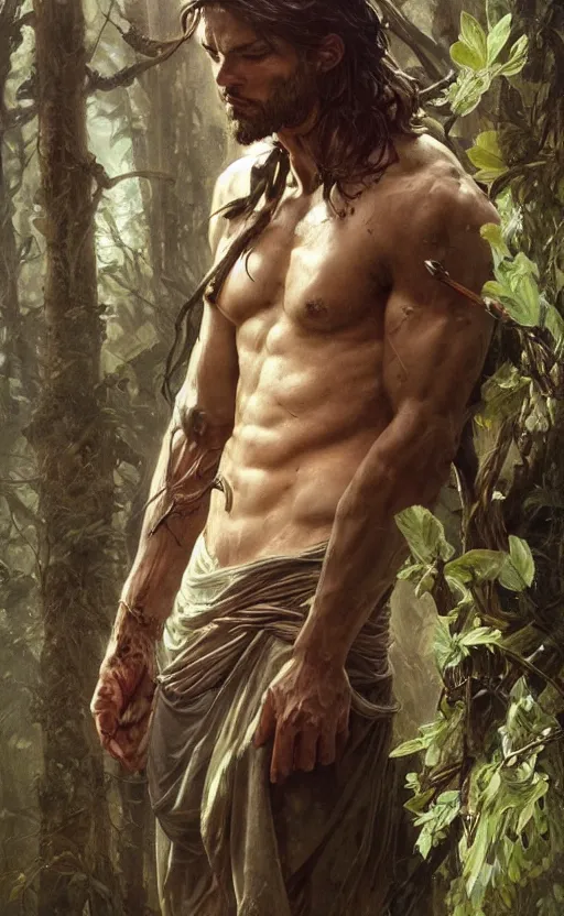 Image similar to god of the forest, 3 0 years old, rugged, handsome, male, detailed face, clean lines, atmospheric lighting, amazing, full body, thighs, flowers, muscular, intricate, highly detailed, digital painting, deviantart, concept art, sharp focus, illustration, art by greg rutkowski and alphonse mucha