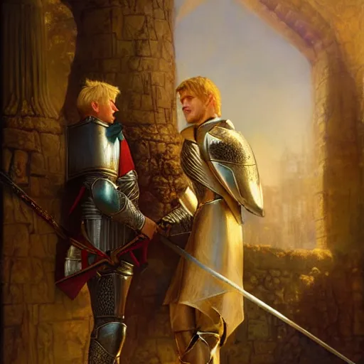 Image similar to attractive arthur pendragon and his favourite attractive male knight, they are in love, camelot, natural lighting, path traced, highly detailed, high quality, digital painting, by gaston bussiere and ross tran and j. c. leyendecker