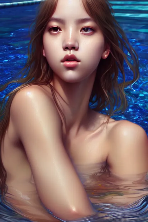 Prompt: beautiful half body digital painting of lalisa, face emerging from pool of water with high detail, 8 k, stunning detail, photo by artgerm, greg rutkowski and alphonse mucha, unreal engine 5, 4 k uhd