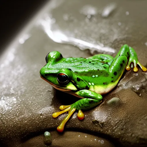 Image similar to frog submerged in yogurt, digital art, photorealistic, shiny, trending on artstation, extremely detailed,