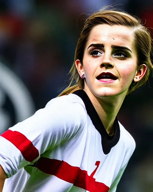 Image similar to a portrait of emma watson as a lokomotiv football player, hyper realistic