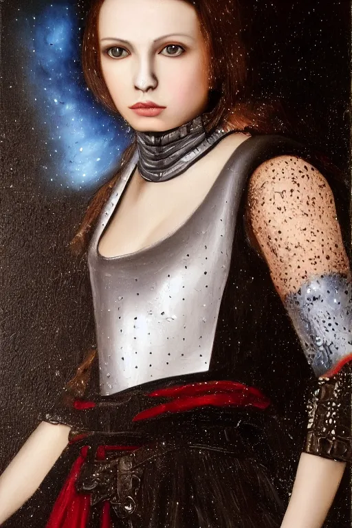 Image similar to hyperrealism oil painting, close - up portrait of european medieval brunette vampire fashion model, knight, steel gradient mixed with nebula sky, in style of baroque