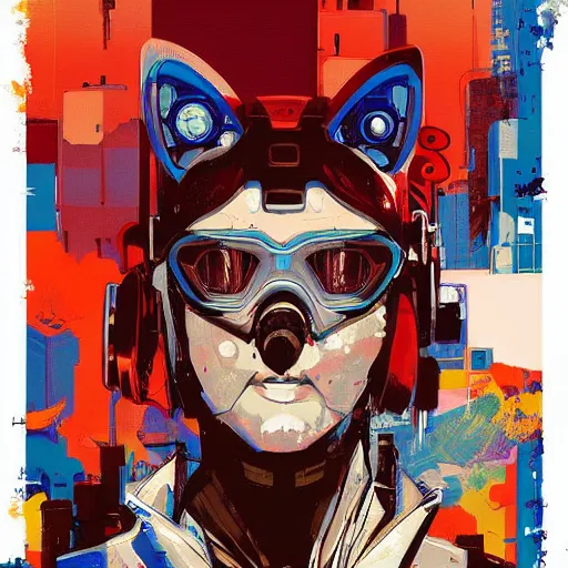 Prompt: cyberpunk fox cyborg portrait illustration, pop art, splash painting, art by geof darrow, ashley wood, alphonse mucha, makoto shinkai