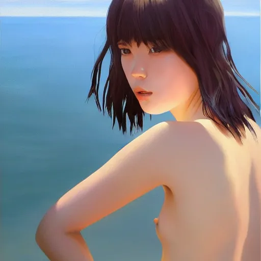 Image similar to oil painting by ilya kuvshinov,, baugh casey, artgerm craig mullins, coby whitmore, of a youthful japanese girl, long hair, fully clothed at the beach, highly detailed, breathtaking face, studio photography, noon, intense bounced light, water reflection, large tree casting shadow, serine intense sunlight in the style of zack snyder