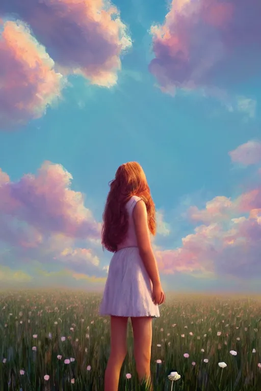 Image similar to giant white daisy flower head, girl standing in a flower field, surreal photography, sunrise, dramatic light, impressionist painting, colorful clouds, digital painting, artstation, simon stalenhag