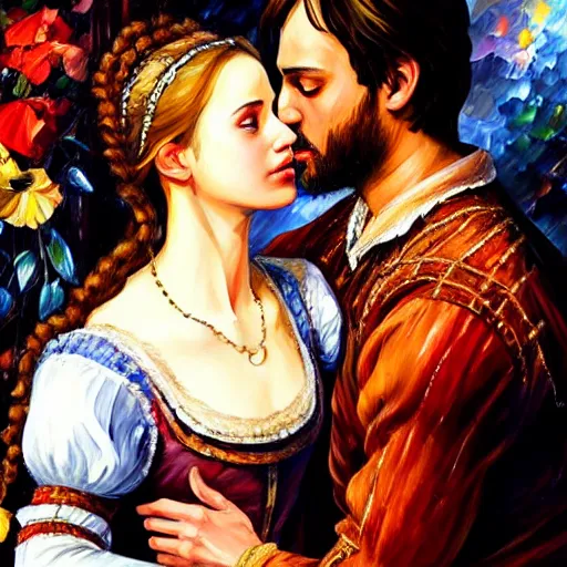 Prompt: highly detailed painting of shakespeare's romeo and juliet, last scene. intricate, high quality oil painting artstyle, in the style of leonid afremov, deviantart, figurative art, deviantart, ilya kuvshinov, lovecraftian, very detailed face, portrait