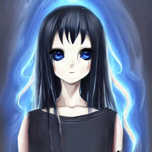 Prompt: beautiful female wizard, blue eyes, black clothing, daughter of death, anime style, concept art