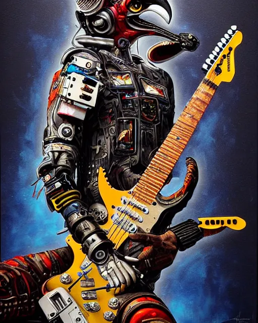 Image similar to a portrait of an anthropomorphic cyberpunk falcon shredding an electric guitar by sandra chevrier, by jon foster, detailed render, tape deck, epic composition, cybernetics, 4 k realistic, cryengine, realistic shaded lighting, sharp focus, masterpiece, by enki bilal