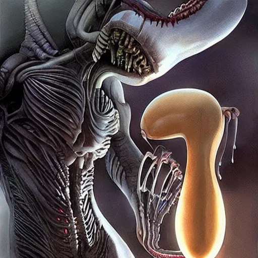 Prompt: xenomorph standing next to a xenomorph egg, concept art by pixar