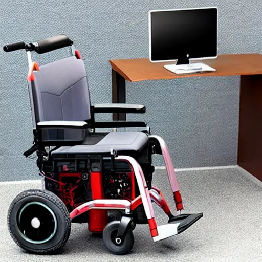 Image similar to a cyberpunk electric wheelchair equipped with a computer shelf that can be moved to work