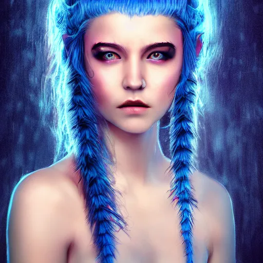 Prompt: The dragon girl portrait, portrait of young girl half dragon half human, dragon girl, dragon skin, dragon eyes, dragon crown, blue hair, long hair, highly detailed, cinematic lighting, by David Lynch
