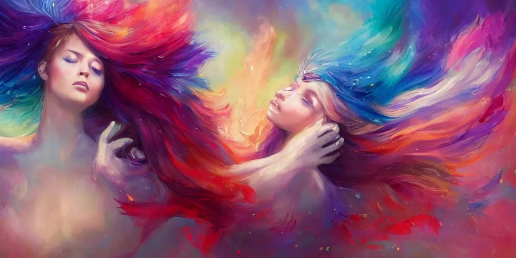 Image similar to a colorful and provenance portrait painting of a angel with her hugeflowers wings spread out gracefully, highly saturated colors, highly detailed, hair made of hair made of air wind and curling smoke, mist, dust, genie, flowers, flower, stars, spirit fantasy concept art, art by charlie bowater and aenami, trending on artstation.