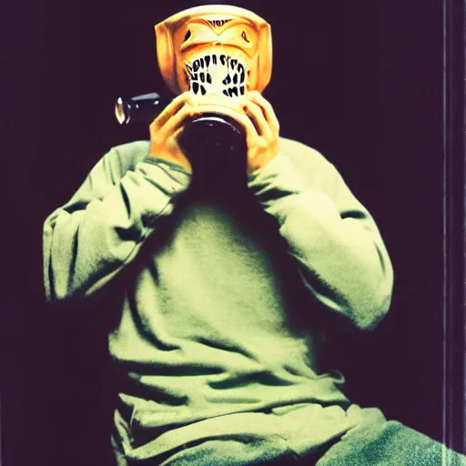 Prompt: surreal, photo of man in realistic cthulhu mask in a hoodie, holding a glass of wine, 8 0 - s fashion, polaroid photo, by warhol,