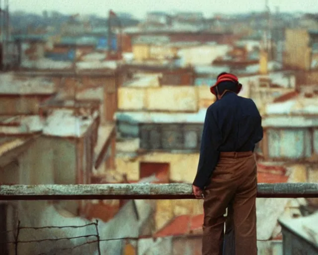 Image similar to lomo photo of man standing on the roof of soviet hrushevka, small town, cinestill, bokeh, out of focus