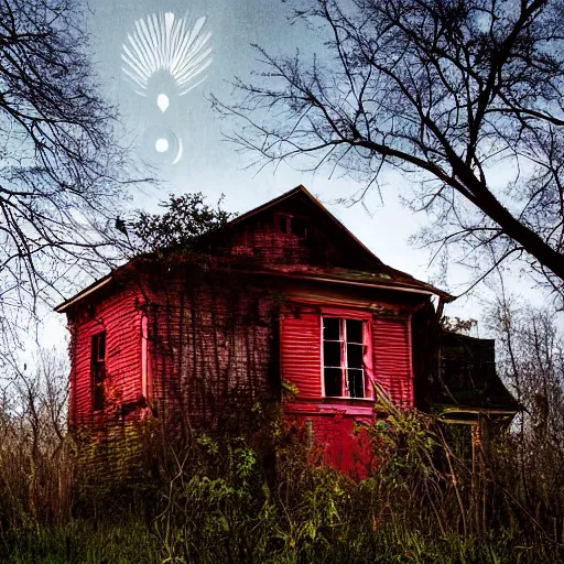 Prompt: abandoned wooden overgrown house, forest, full red moon, cosmic horror