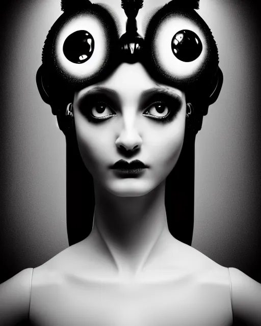 Image similar to surreal mythical dreamy dark artistic black and white fine art 3 / 4 fashion portrait photo of a young beautiful delicate female robot - owl with orchid - doll face, rim light, cinematic, studio dramatic light, poetic, masterpiece, octane render, 8 k, photo - realistic by gustave dore hg giger and man ray