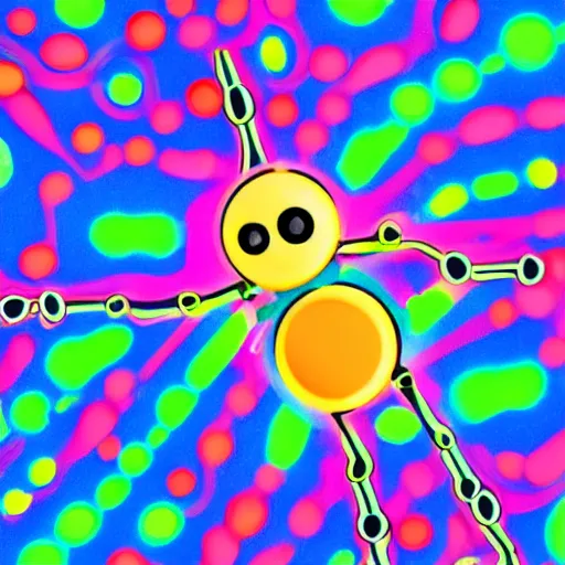 Prompt: a microscopic image of a small bubbly transparent character with fluo colors and a 6 legs, microscopic imagery