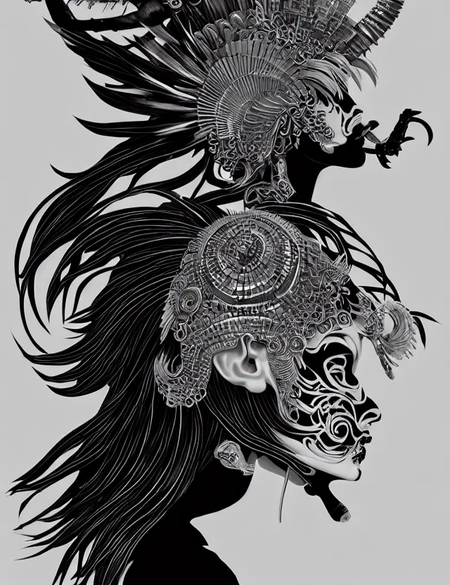 Image similar to 3 d goddess close - up profile portrait punk with mohawk with ram skull. beautiful intricately detailed japanese crow kitsune mask and clasical japanese kimono. betta fish, jellyfish phoenix, bio luminescent, plasma, ice, water, wind, creature, artwork by tooth wu and wlop and beeple and greg rutkowski