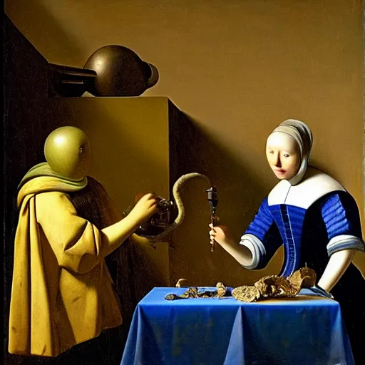Image similar to Oil painting of a robot examining an ammonite fossil in the style of The Astronomer by Johannes Vermeer, 1666, highly detailed