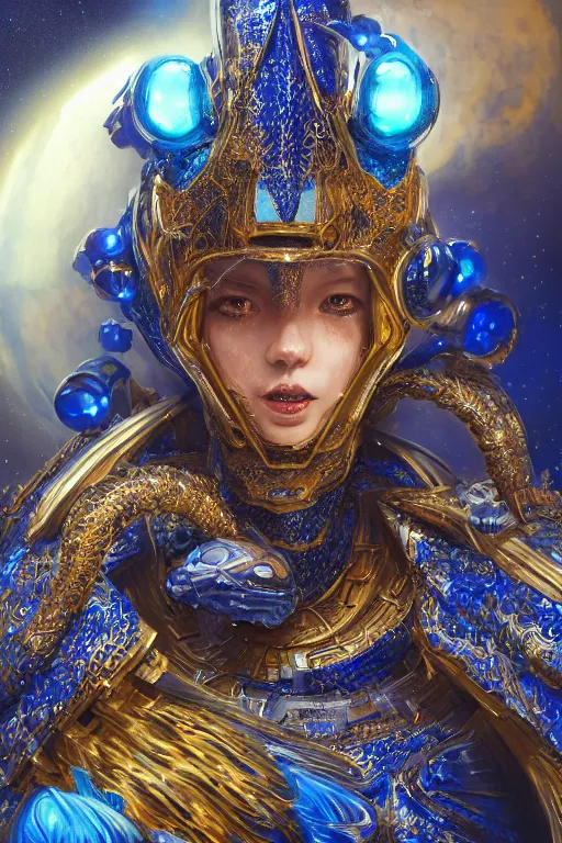 Image similar to a Portrait of a space dragon, third person, D&D, sci-fi fantasy, intricate, blue and gold, highly detailed , art by Range Murata, rim lighting, highly detailed, 3d, octane render, bright colors, digital painting, trending on artstation, sharp focus, illustration style of Stanley Artgerm,