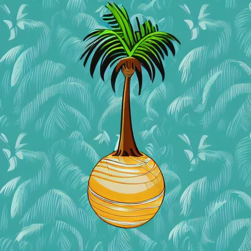 Prompt: waves in bottom front of a palm tree with a giant volleyball with seams in the background, vector logo, professional sports style, flat colour, svg, professional, sharp edges, olive green gray and white color palette