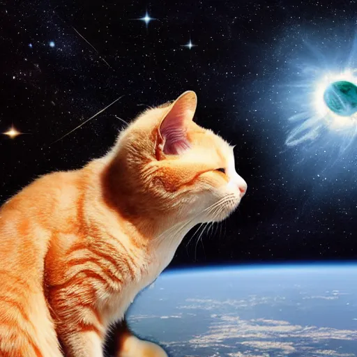 Image similar to cat with astronaut helmet flying over the cosmos, photo