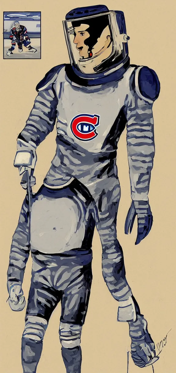 Image similar to male, full body, habs ice hockey space suit with a modern helmet, large shoulders, short torso, long thin legs, tiny ice skate, stanley cup character sheet, science fiction, very stylized character design, digital painting, by mike mignola, by alex maleev, jean giraud, painted by leyendecker