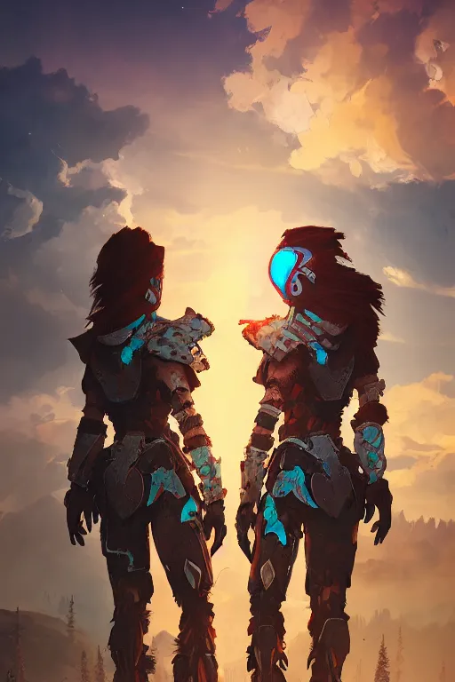 Image similar to combination suit armor aloy horizon forbidden west horizon zero dawn radiating a glowing aura global illumination ray tracing hdr fanart arstation by ian pesty and alena aenami artworks in 4 k tribal robot ninja mask helmet backpack