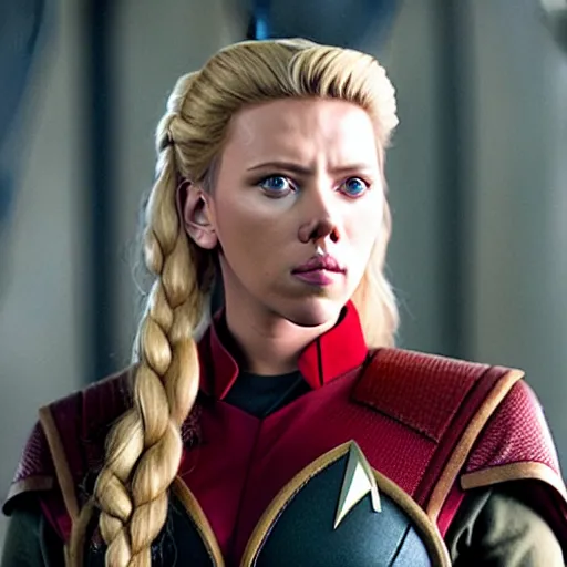 Image similar to starfleet uniform, portrait of scarlett johansson as lagertha, in starfleet uniform, from the tv series vikings