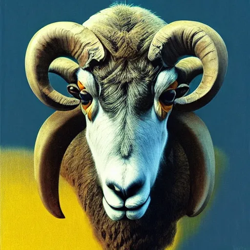 Image similar to Angry Bighorn Sheep portrait, dark fantasy, blue and yellow, artstation painted by Zdzisław Beksiński and Wayne Barlowe