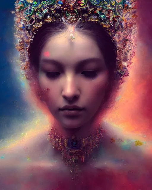 Prompt: 4k cinematic full view iridescent ethereal elysian female wearing intricate religious Madonna crown by Ruan Jia by Alberto Seveso, detailed and realistic, Artstation