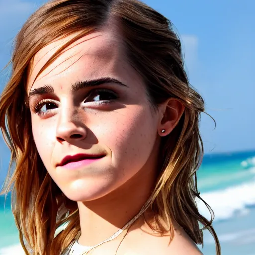 Image similar to emma watson at the beach, detailed photograph, HD, 4k, 8k, very beautiful scene, award winning, 80mm, wide shot, high res