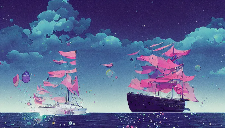 Prompt: a sailing ship in the sea with bubbles floating by inio asano, beeple and james jean, aya takano color style, 4 k, super detailed, night sky, digital art, digital painting, celestial, majestic, colorful