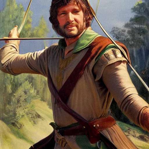 Image similar to Robin hood close-up, drawing an arrow from his quiver, matte painting