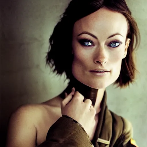 Prompt: beautiful portrait of Olivia Wilde, clothed in military armor, 35mm, cinematic atmosphere, photorealistic, depth of field, from StarCraft, style of irwing penn and steve mccurry