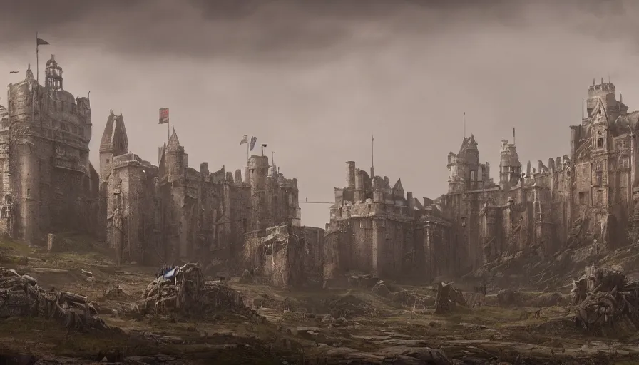 Prompt: Cinematic view of a huge medieval castle built on a wasteland, grey sky and rain, hyperdetailed, artstation, cgsociety, 8k