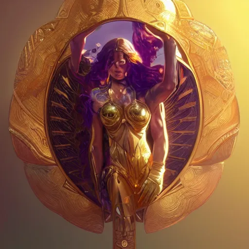 Prompt: a golden high-tech shield with a sacred tree, golden light, purple water, highly detailed, digital painting, artstation, concept art, smooth, sharp focus, illustration, art by artgerm and greg rutkowski and alphonse mucha