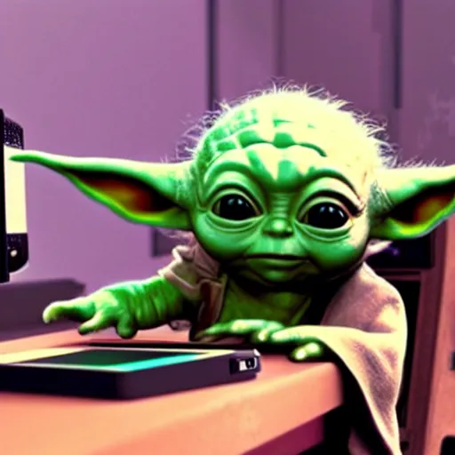 Image similar to real vintage photo, baby yoda playing the video game the legend of zelda, detailed, hyper realistic, 4 k octan render, unreal 5