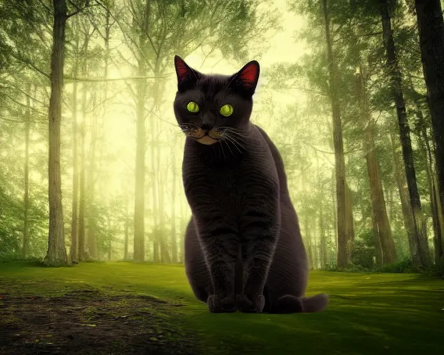 Image similar to a hyperrealistic 3 d render of an evil cat in a haunted forest, extreme wide shot