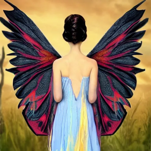 Image similar to fairy with wings, similar to maleficent, fantasy, lord of the rings