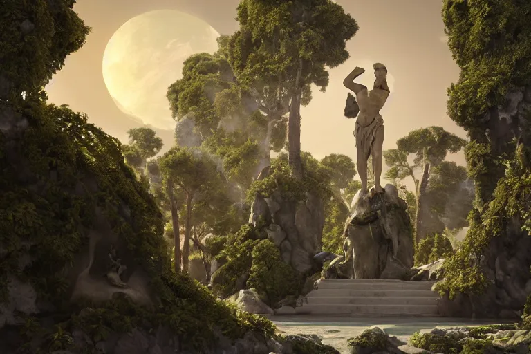 Image similar to greek god marble statue at the civilization gate,, floating islands connected with roots, avatar like landscape, high - tech space cult with trees and plants and alien flowers, dramatic lighting, epic, octane render, volumetric light, unreal engine, artbreeder, 8 k, background, scene, digital, artwork, high quality, 8 k