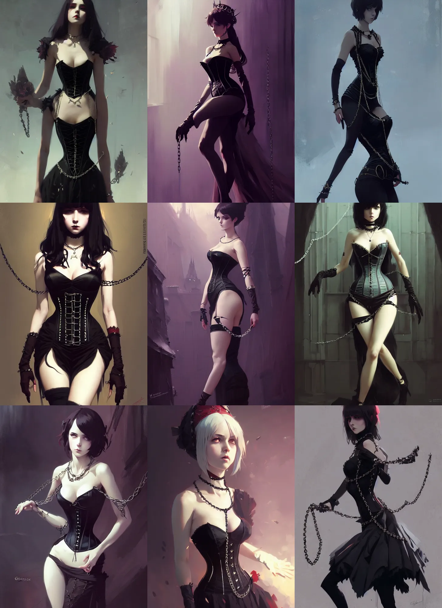 Prompt: an elegant gothic princess, very tight corset, spikes, chains, full body, style of ilya kuvshinov and greg rutkowski, masterpiece, very high quality, intricate, high resolution