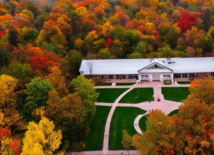 Image similar to low drone shot of a beautiful ranch style School campus in the middle of the Woods during autumn