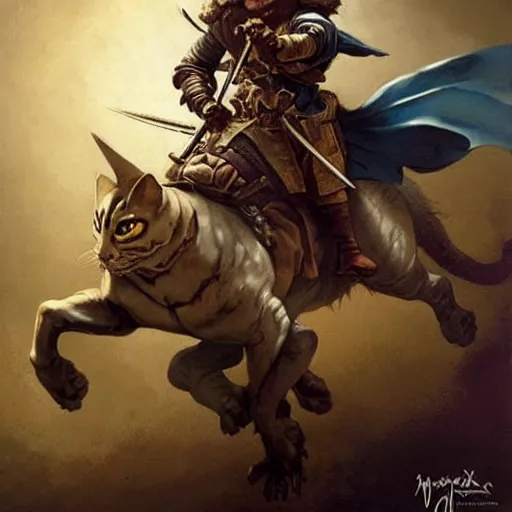 Prompt: ( ( ( brigganock dressed like a musketeer riding a tortoiseshell cat ) ) ), d & d, fantasy, medieval, greg rutkowski, frank frazetta, alexandre chaudret, boris vallejo, michael whelan, miro petrov, magali villeneuve