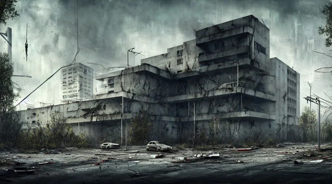 Image similar to post apocalyptic hospital building, big grey alien looking, morning, building, avenue, modern contemporary urban americana concrete architecture, by pascal blanche, neil blevins, apocalyptic color palette, trending on artstation, photorealistic, wilderness ambiance, ultra detailed, high definition, depth of field, bokeh, rubble, wild vegetation, blood stains, building crumbling