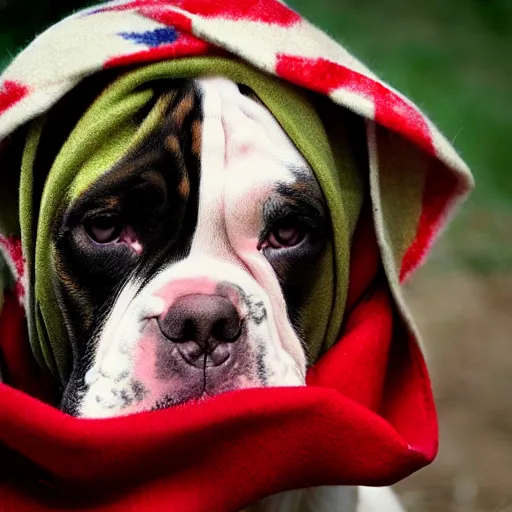 Image similar to portrait of american bulldog as afghan puppy, green eyes and red scarf looking intently, photograph by steve mccurry