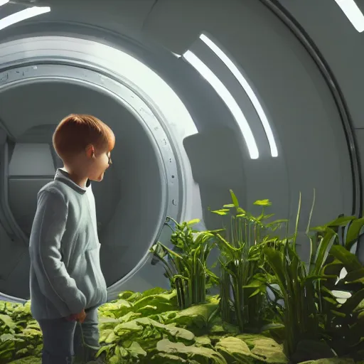 Image similar to boy looking at some plants inside a spaceship, 3 d render, unreal engine, cinematic, octane, scifi, 8 k