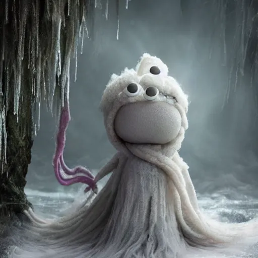 Image similar to a fluffy humanoid ethereal ghost like live action muppet wraith like figure with a squid like parasite taking over its head and four long tentacles for arms that flow gracefully at its sides like a cloak while it floats around a frozen rocky lake in the middle of the frozen woods searching for lost souls and that hides amongst the shadows in the trees, this character can control the ice and snow and has mastery of the shadows, it is known as the bringer of nightmares and the conqueror of the endless night terrors and staring too long can cause paralysis, it is a real muppet by sesame street surrounded by lost muppet souls, photo realistic, real, realistic, felt, stopmotion, photography, sesame street