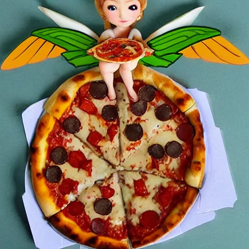 Image similar to fairy with pizza for wings,