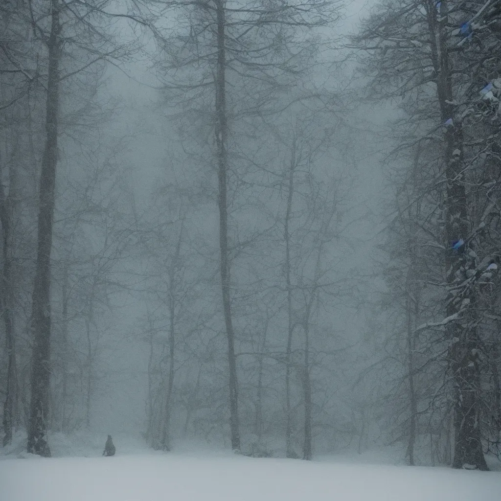 Image similar to photo, bigfoot is hiding in the background. cold color temperature, snow storm. hazy atmosphere. humidity haze. kodak ektachrome, greenish expired film, award winning, low contrast